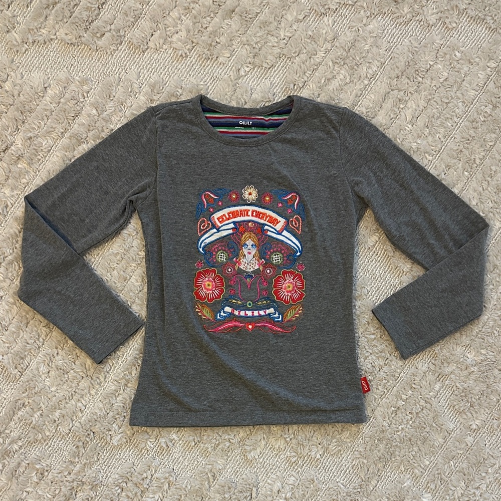 Oilily Gray Long Sleeve Tee with Colorful embroidered Graphic